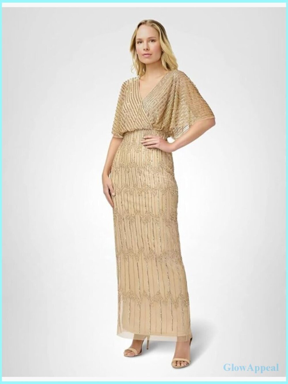 Long Beaded Blouson Formal Gown with Sheer Sleeves - Picture 1 of 2